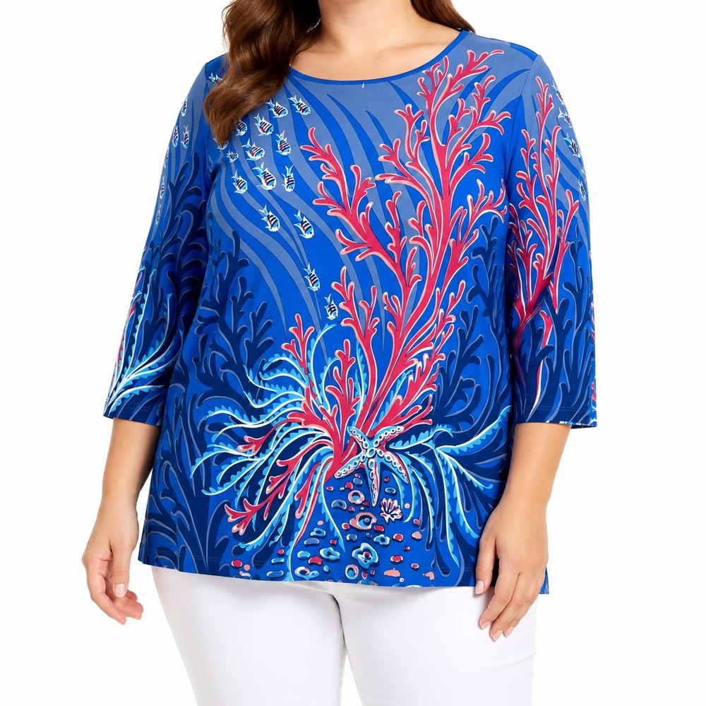 Bob Mackie Wearable Art Top Coral Reef Fish Graphic Womens 3X Blue Coastal Chic